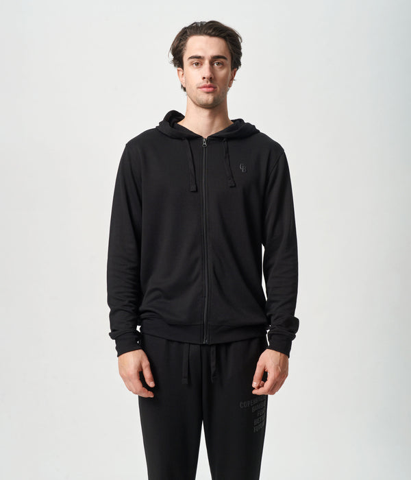 Schwarzer Bambus-Kapuzenpullover mit Reißverschluss