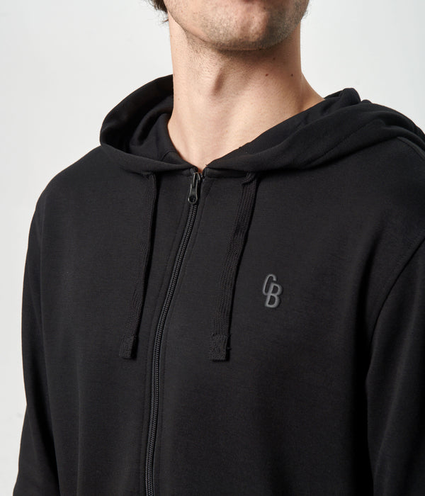 Schwarzer Bambus-Kapuzenpullover mit Reißverschluss