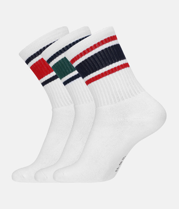 3 Paar weiße Tennissocken aus Bambus mit grün/blau/roten Streifen und langer Rippe
